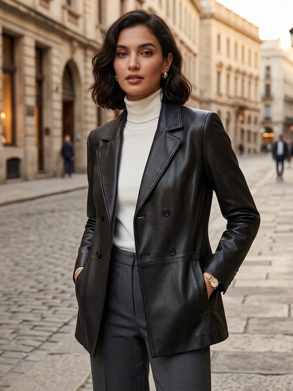 Ann Taylor Double-Breasted Black Genuine  Leather Jacket.  Size S
